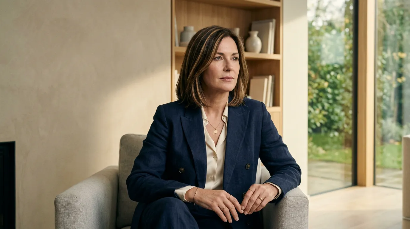 A composed, reflective woman in a beautifully lit room — calm, accomplished, self-possessed